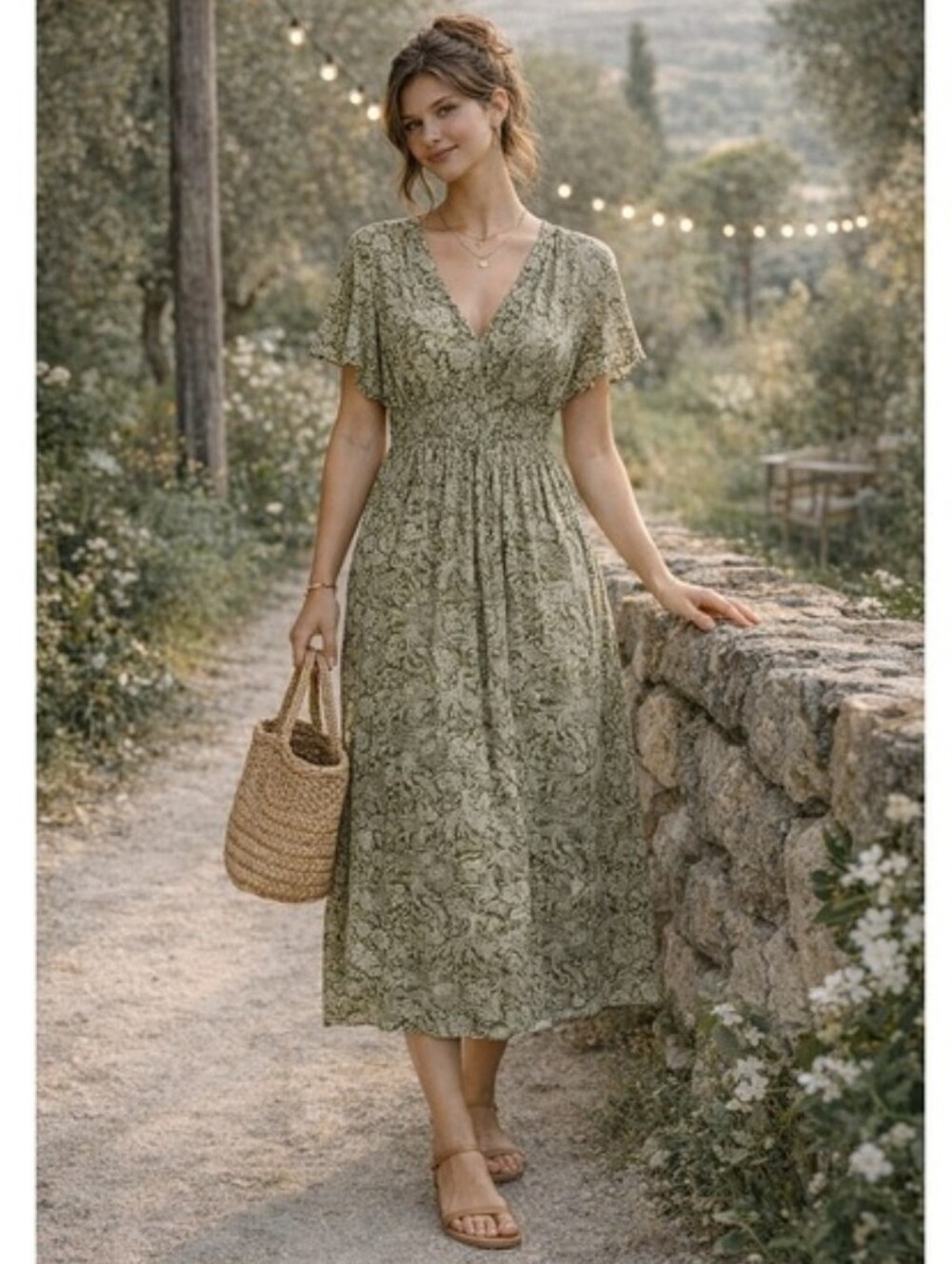 Zara Ecru Green Floral Smocked Midi Dress Boho Cottagecore Prairie Nature